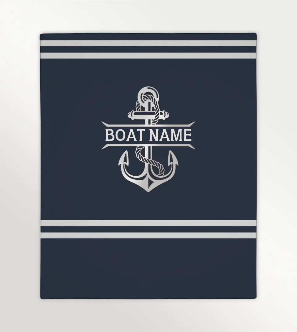Custom Boat Name Anchor Plush Blanket from Starry Prints, a personalized nautical throw blanket perfect for boat owners. This soft and warm velveteen blanket features a customizable design with a boat name and anchor.