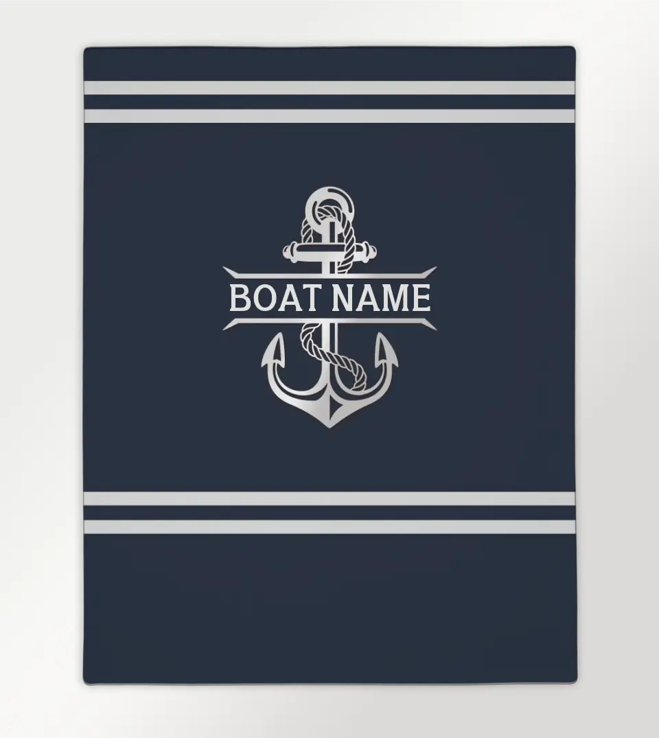 Custom Boat Name Anchor Plush Blanket from Starry Prints, a personalized nautical throw blanket perfect for boat owners. This soft and warm velveteen blanket features a customizable design with a boat name and anchor.