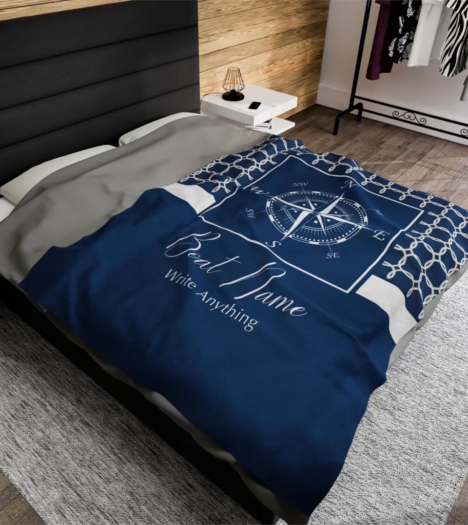 Close-up view of the Custom Boat Name Compass Plush Blanket, showcasing the soft velveteen texture and the detailed compass design, ideal for boat owners and nautical-themed spaces.