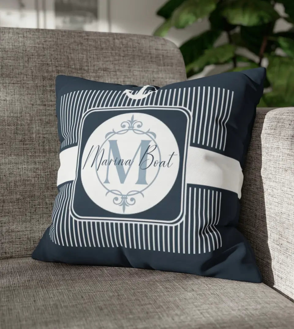 Personalized Boat Pillow from Starry Prints. This water-resistant pillow features a nautical striped design with a custom name and initial. It's a perfect decor for boat interiors and lake houses, and a unique gift for boat owners and sailing enthusiasts