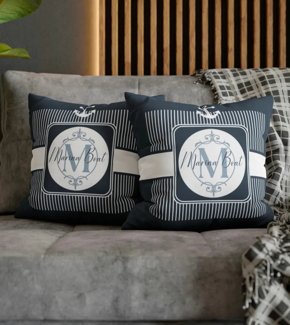 Personalized Boat Pillow from Starry Prints. This water-resistant pillow features a nautical striped design with a custom name and initial. It's a perfect decor for boat interiors and lake houses, and a unique gift for boat owners and sailing enthusiasts
