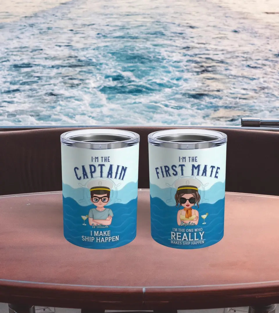 Customizable 10oz tumbler featuring a humorous quote for Captain and First Mate. Ideal for boating couples, this tumbler is a perfect blend of practicality and fun. The design includes nautical elements and personalized names, making it a unique gift for pontoon lovers and ship captains