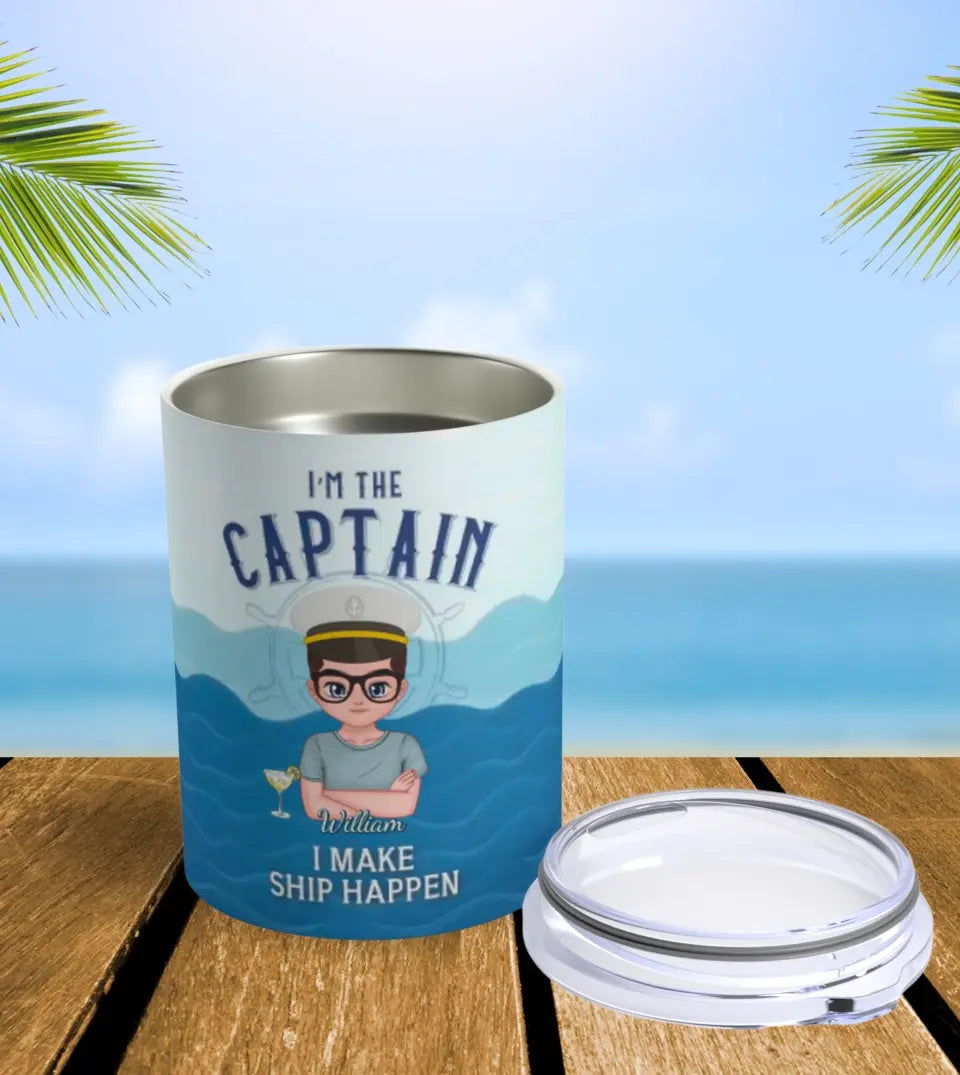 Customizable 10oz tumbler featuring a humorous quote for Captain and First Mate. Ideal for boating couples, this tumbler is a perfect blend of practicality and fun. The design includes nautical elements and personalized names, making it a unique gift for pontoon lovers and ship captains