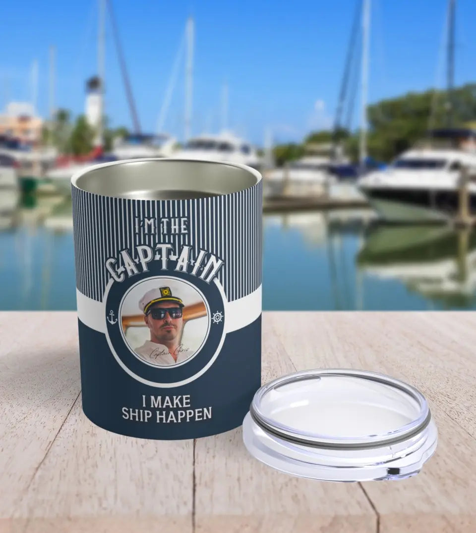 Personalized Captain and First Mate 10oz Tumblers featuring a humorous quote 'I'm the Captain, I make ship happen' and 'I'm the First Mate, I'm the one who really makes ship happen'. These stainless steel tumblers are perfect for boating couples, parents, or pontoon lovers who enjoy a good laugh. The design includes a custom photo, making it a unique and personal gift. Ideal for keeping beverages at the perfect temperature during boating adventures