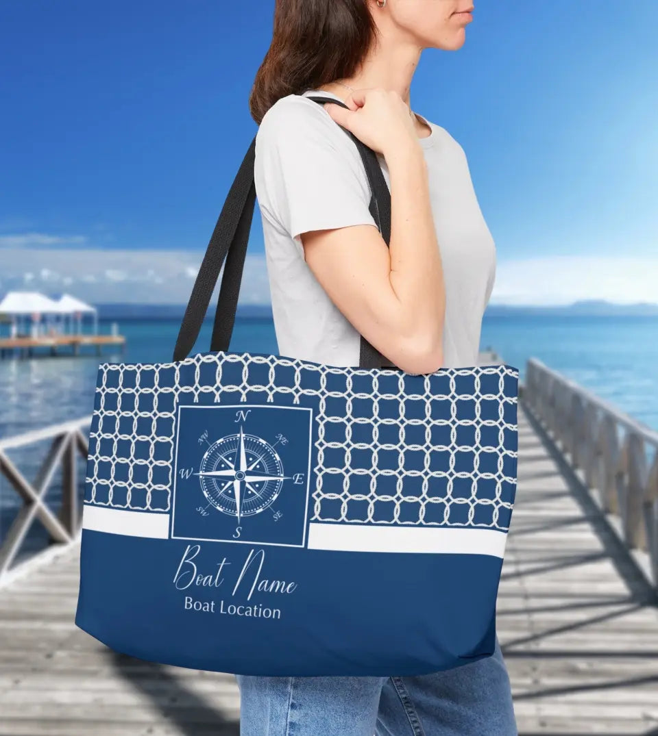 Personalized Nautical Tote Bag featuring a custom boat name and compass design on a striped background. The bag is spacious, perfect for boat trips, beach activities, and weekend getaways. It's a unique gift for boat owners and sailing enthusiasts