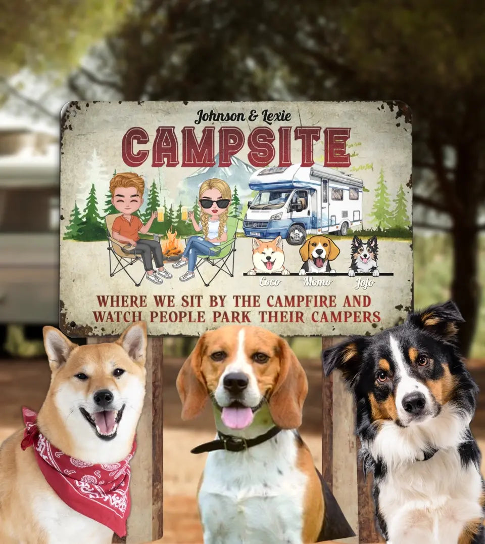 Personalized metal sign for camping couples with pets, featuring a campfire design, custom names, and pet's name. Ideal for dog and cat lovers who enjoy camping adventures