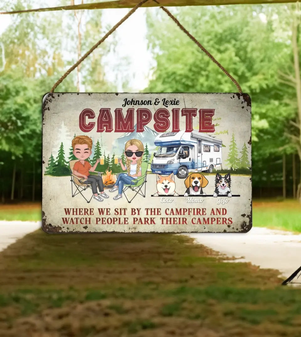 Personalized metal sign for camping couples with pets, featuring a campfire design, custom names, and pet's name. Ideal for dog and cat lovers who enjoy camping adventures