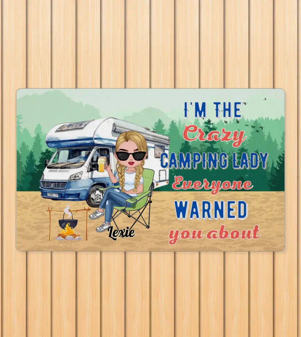 Personalized Camping Girl Doormat - A unique and durable floor mat featuring a camping design and personalized with a custom name. Ideal for outdoor enthusiasts and camping lovers