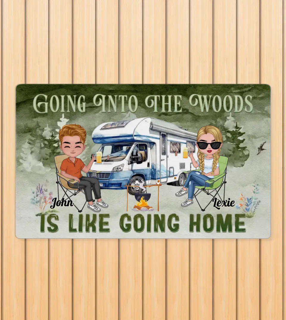 Chibi Camping Couple Personalized Custom Doormat featuring a cute chibi couple in camping gear, perfect for couples who love camping and outdoor adventures