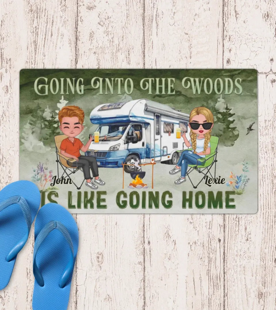 Chibi Camping Couple Personalized Custom Doormat featuring a cute chibi couple in camping gear, perfect for couples who love camping and outdoor adventures