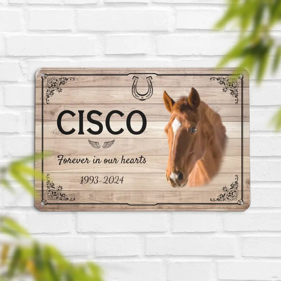 Personalized Memorial Horse Stall Name Plate with Photo - Custom Horse Keepsake with Angel Wings and Memorial Quote 'Forever in Our Hearts