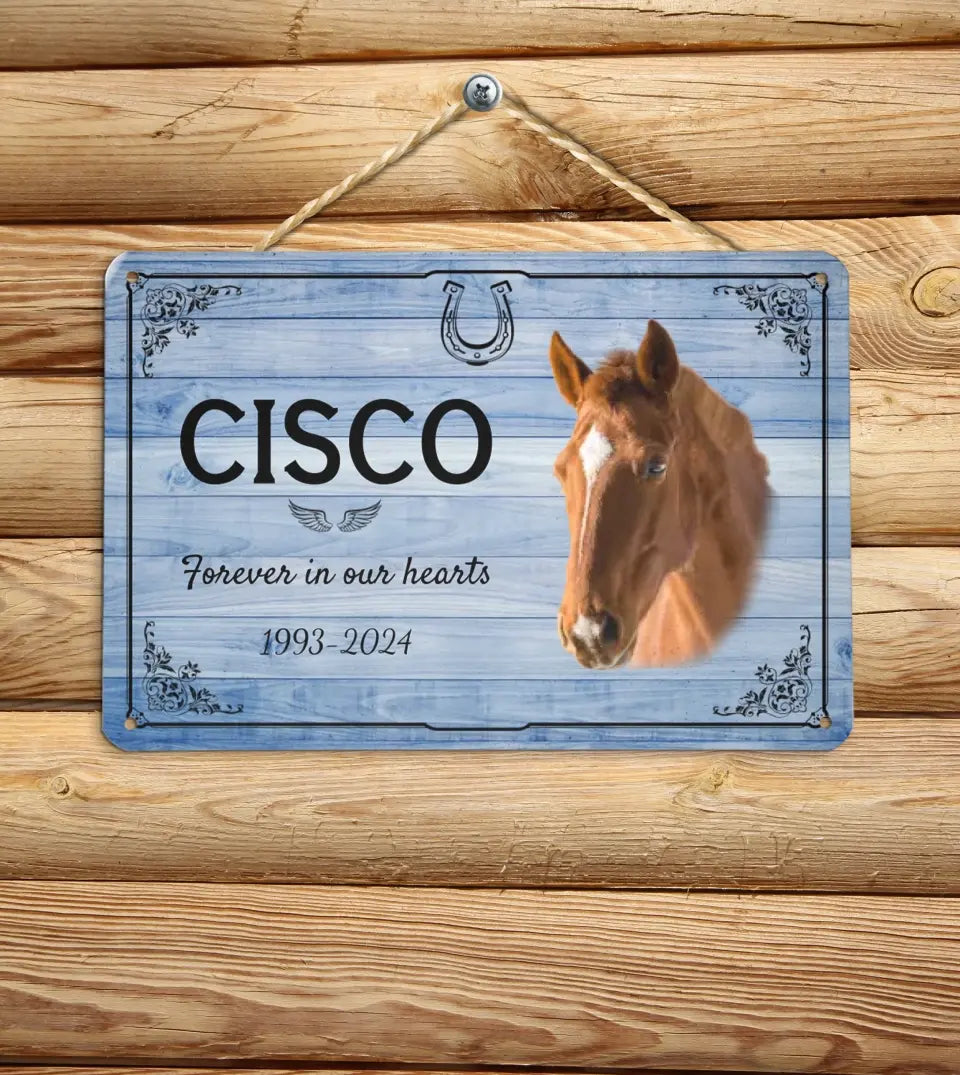 Personalized Memorial Horse Stall Name Plate with Photo - Custom Horse Keepsake with Angel Wings and Memorial Quote 'Forever in Our Hearts