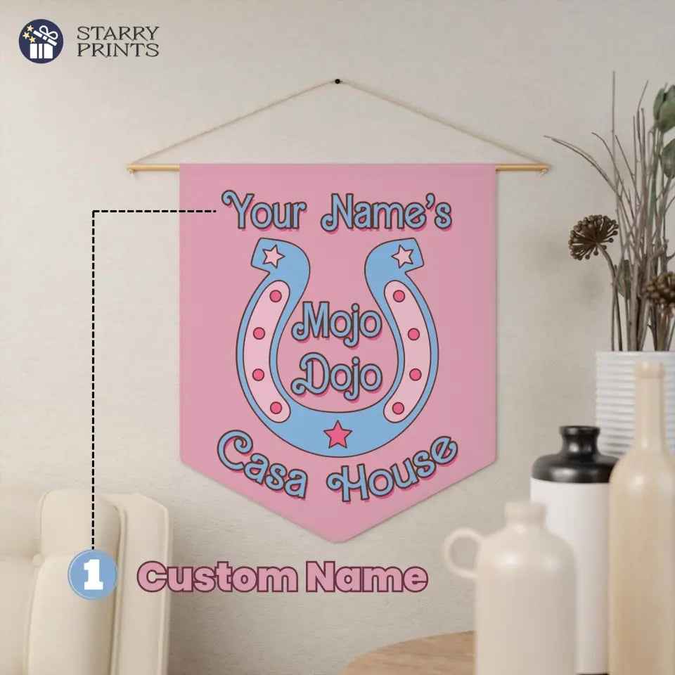 Custom Mojo Dojo Casa Pennant, Personalized House Decor, Kendom Wall Decor, Mojo Dojo Casa House Welcome Sign with Name, Pink and Blue Pennant, Unique Home Decor Gift, Handmade Pennant by StarryPrintsShop