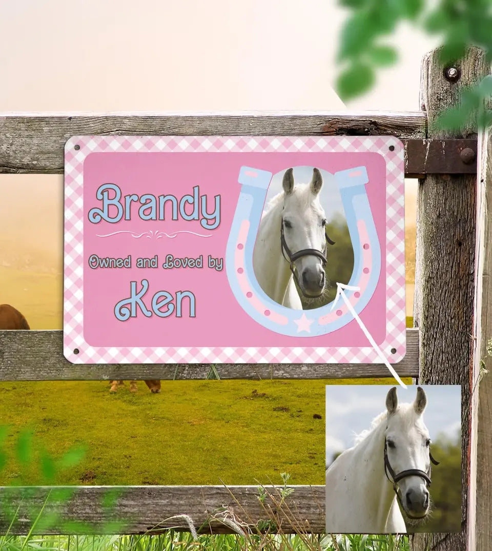 Pink Barbiecore horse stall name plate with personalized text, featuring a horse silhouette and decorative elements on a vibrant pink background
