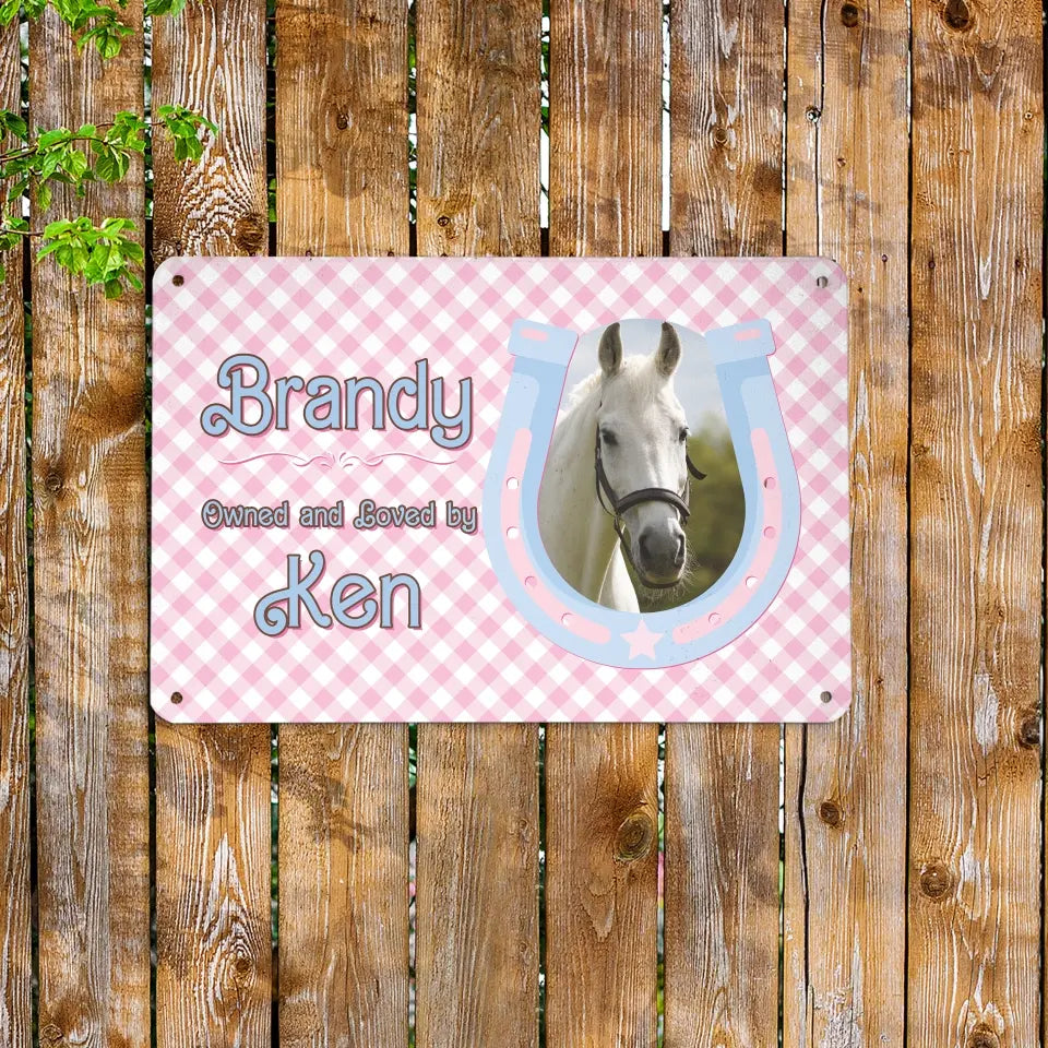Pink Barbiecore horse stall name plate with personalized text, featuring a horse silhouette and decorative elements on a vibrant pink background