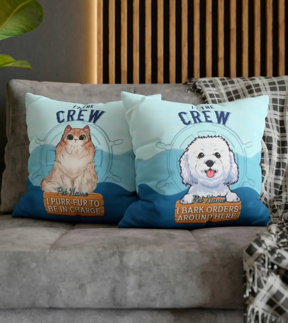 Custom pet pillow with a funny boating theme, featuring a personalized pet photo and boating elements, perfect for pet owners who love boating