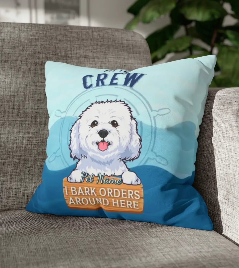 Custom pet pillow with a funny boating theme, featuring a personalized pet photo and boating elements, perfect for pet owners who love boating