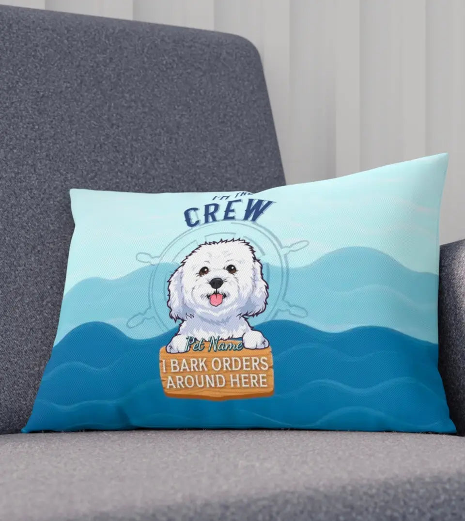 ustom boating-themed lumbar pillow featuring a personalized pet photo. The pillow is made from durable polyester and showcases a unique boating design, making it a perfect gift for pet owners who love boating