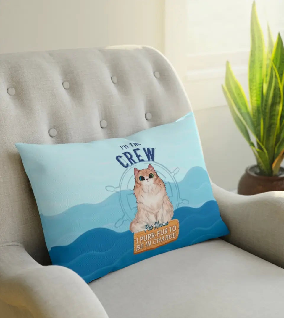 ustom boating-themed lumbar pillow featuring a personalized pet photo. The pillow is made from durable polyester and showcases a unique boating design, making it a perfect gift for pet owners who love boating