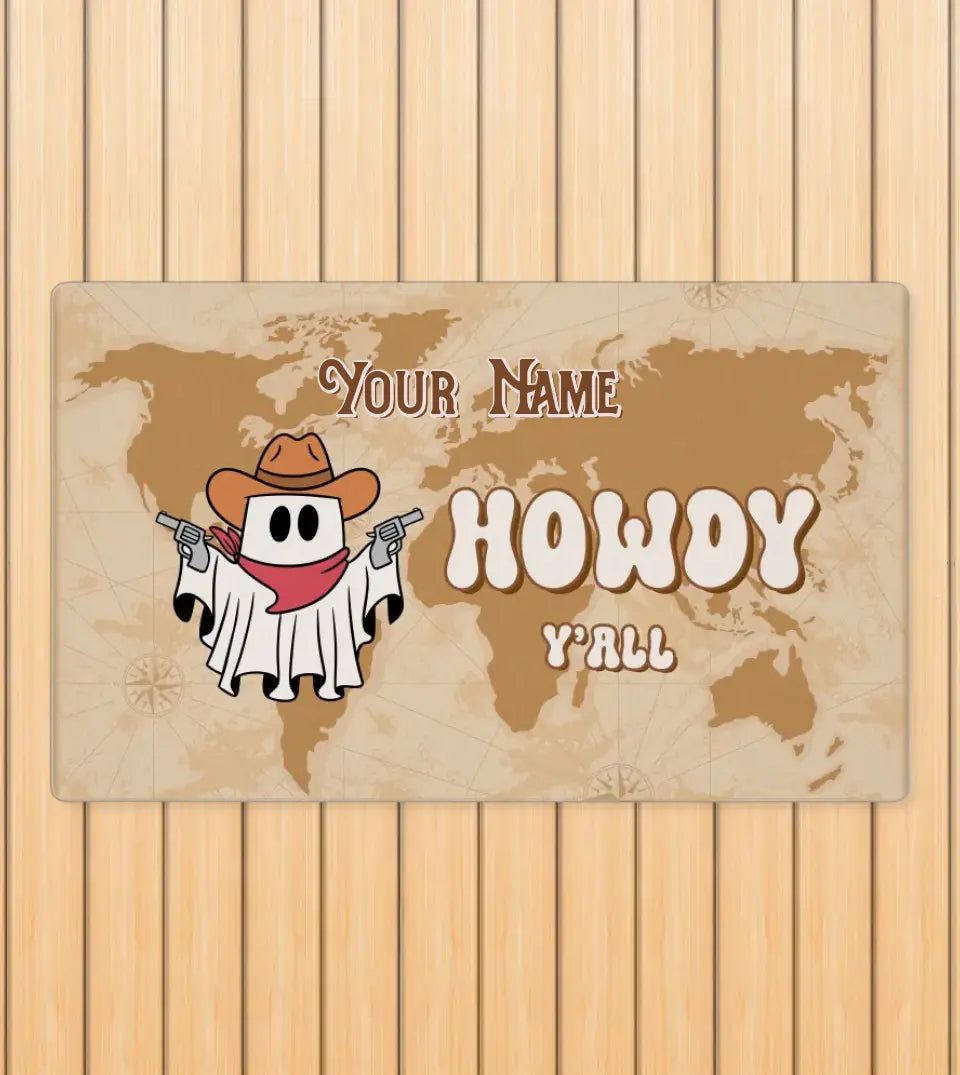 A playful and unique doormat features a ghostly cowboy figure. Above the cowboy ghost, there's a customizable space for a family name, making it a personal touch to any home. The design combines Halloween, cowboy, and cute themes, making it a perfect fall decor piece.