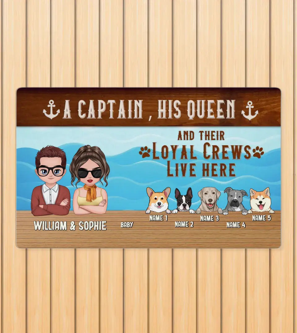 Personalized Boat Mat, 'A Captain, His Queen, and Their Loyal Crew Live Here', Custom Doormat For Boat Owners Couple With Kid And Dogs
