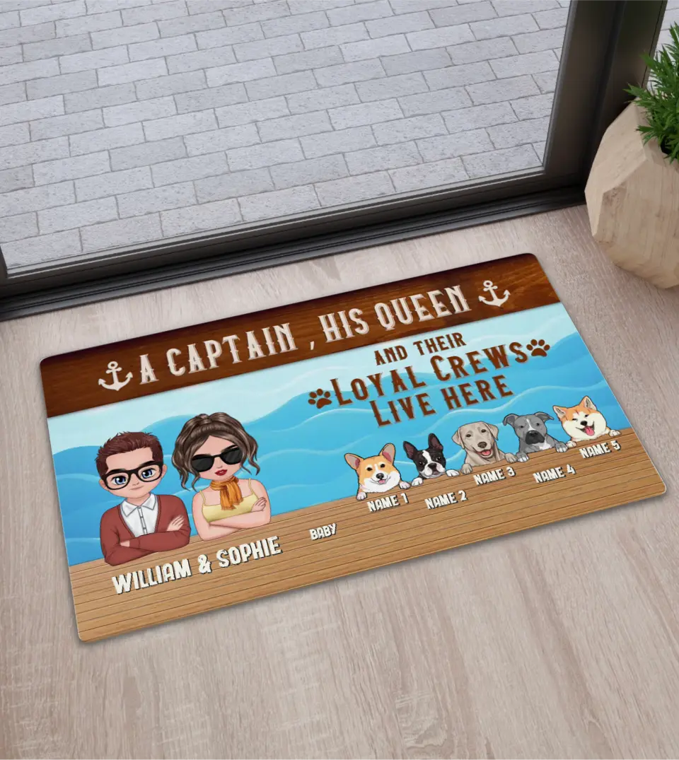 Personalized Boat Mat, 'A Captain, His Queen, and Their Loyal Crew Live Here', Custom Doormat For Boat Owners Couple With Kid And Dogs