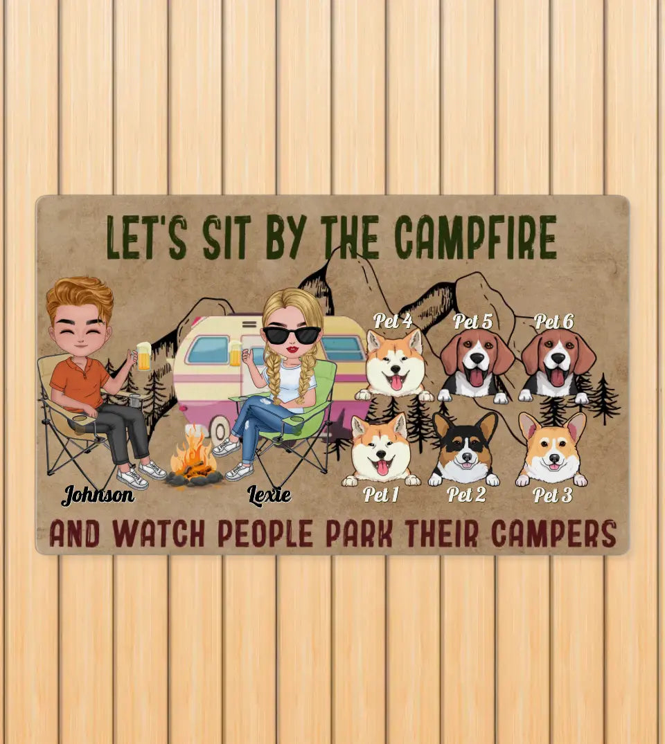 Sit Around The Campfire - Personalized Door Mat For Camping Couples With Pets