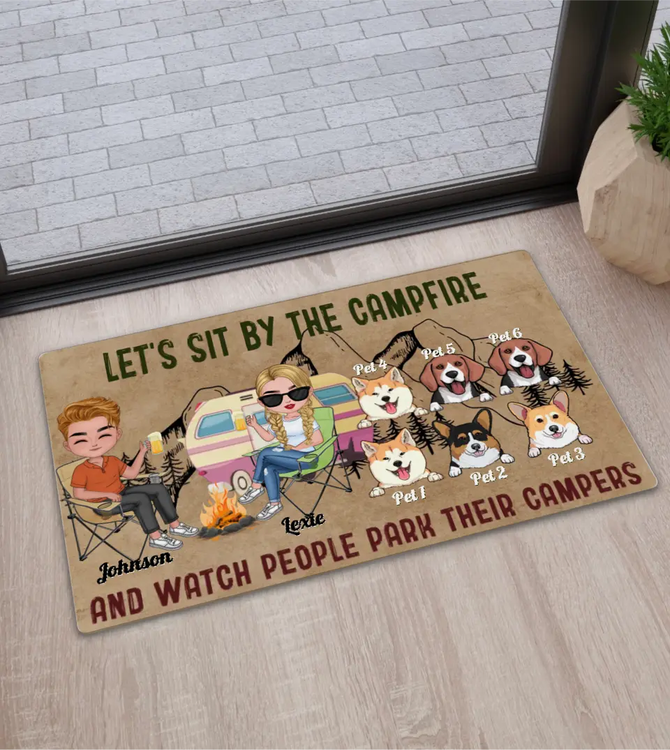 Sit Around The Campfire - Personalized Door Mat For Camping Couples With Pets