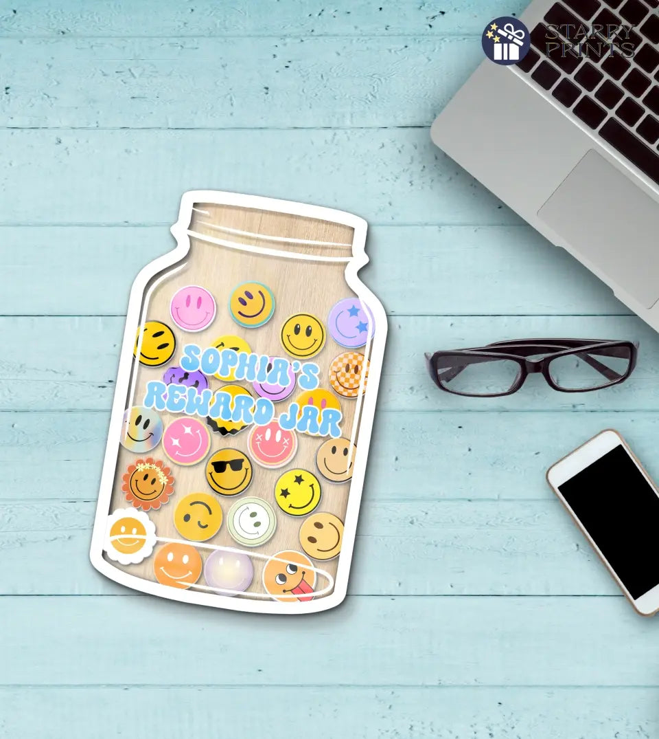 Custom acrylic reward jar filled with smiley face tokens, accompanied by a wooden stand. The jar showcases a clear design allowing the vibrant smiley face tokens to be prominently visible, symbolizing achievements and positive reinforcement
