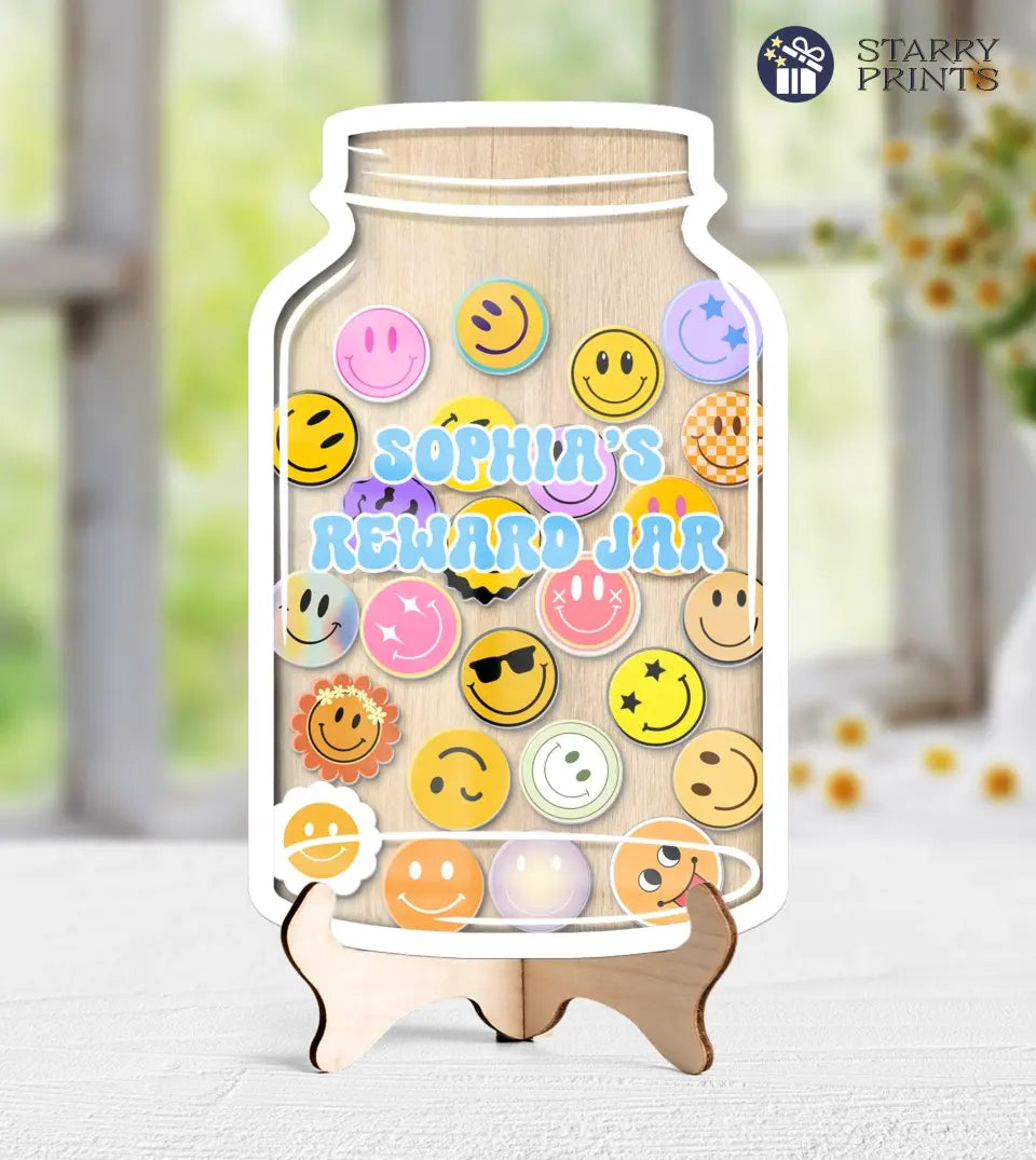 Custom acrylic reward jar filled with smiley face tokens, accompanied by a wooden stand. The jar showcases a clear design allowing the vibrant smiley face tokens to be prominently visible, symbolizing achievements and positive reinforcement