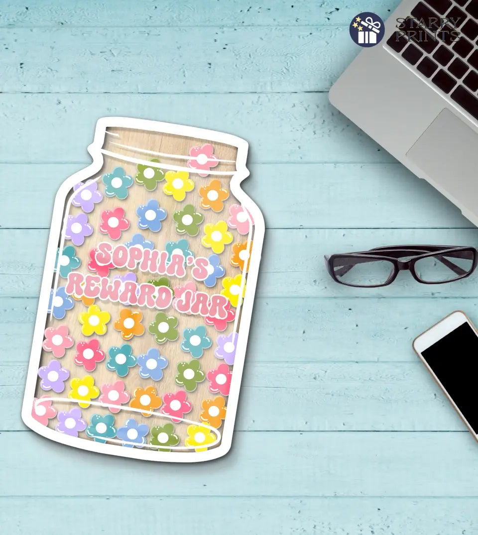 Transparent acrylic reward jar showcasing intricately designed flower-shaped tokens. The jar, intended to motivate students, is set against a pristine white backdrop, emphasizing its clarity and the vibrant colors of the flower tokens. A perfect tool for educators and parents to visually track and celebrate achievements