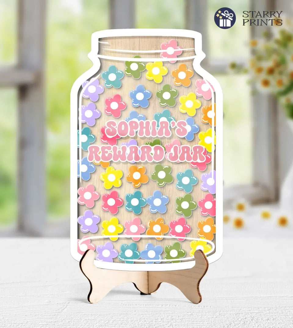 Transparent acrylic reward jar showcasing intricately designed flower-shaped tokens. The jar, intended to motivate students, is set against a pristine white backdrop, emphasizing its clarity and the vibrant colors of the flower tokens. A perfect tool for educators and parents to visually track and celebrate achievements