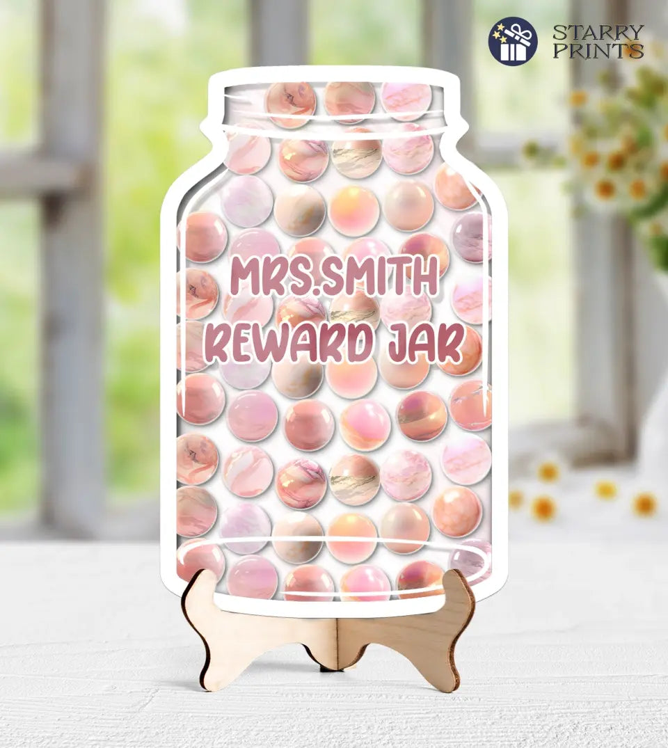 This product is a personalized pastel marble reward jar designed for classroom goal tracking and as a behavior reward for kids. It's a unique and engaging way to motivate children in a classroom setting. The jar can be customized with the child's name, making it a personal and special reward system.