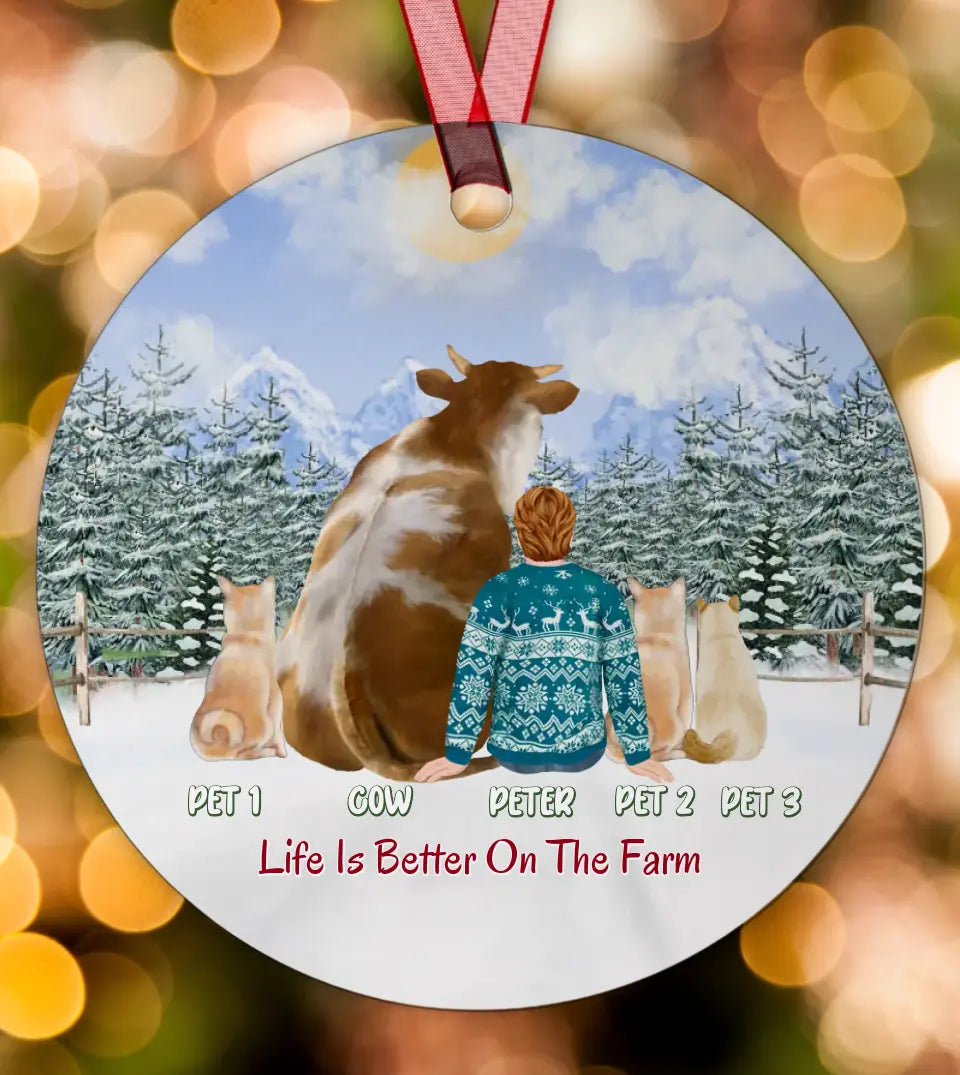Farm Cow Owner With Pets - Personalized Circle Metal Ornament Christmas Gift