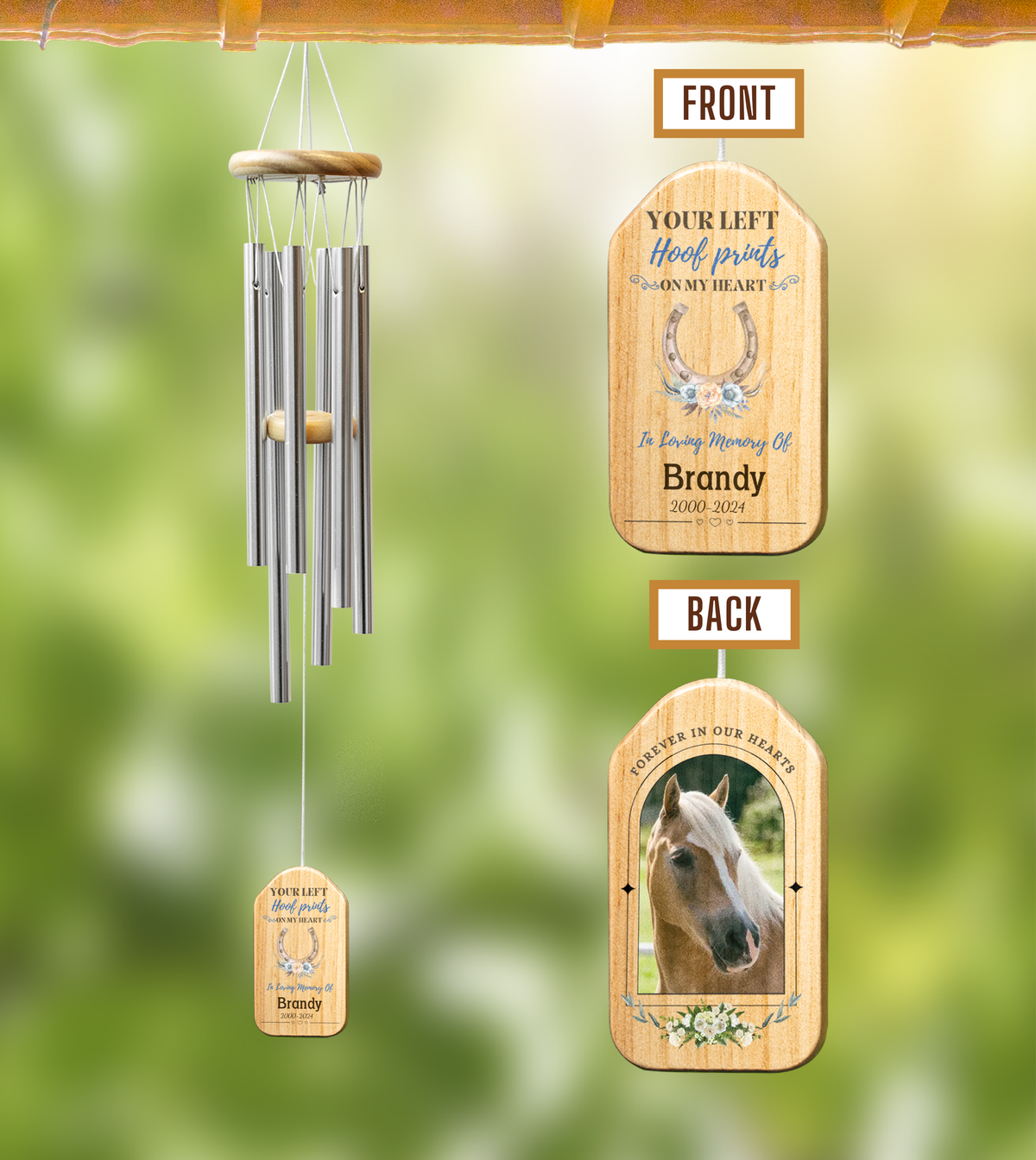 Personalized horse memorial wind chime with custom photo, featuring a watercolor horseshoe on the front with the quote 'You left hoof prints in my heart, in loving memory of Horse Name and Years', and a custom photo of the horse on the back. The wind chime has a rustic wooden color and makes a perfect pet remembrance gift.