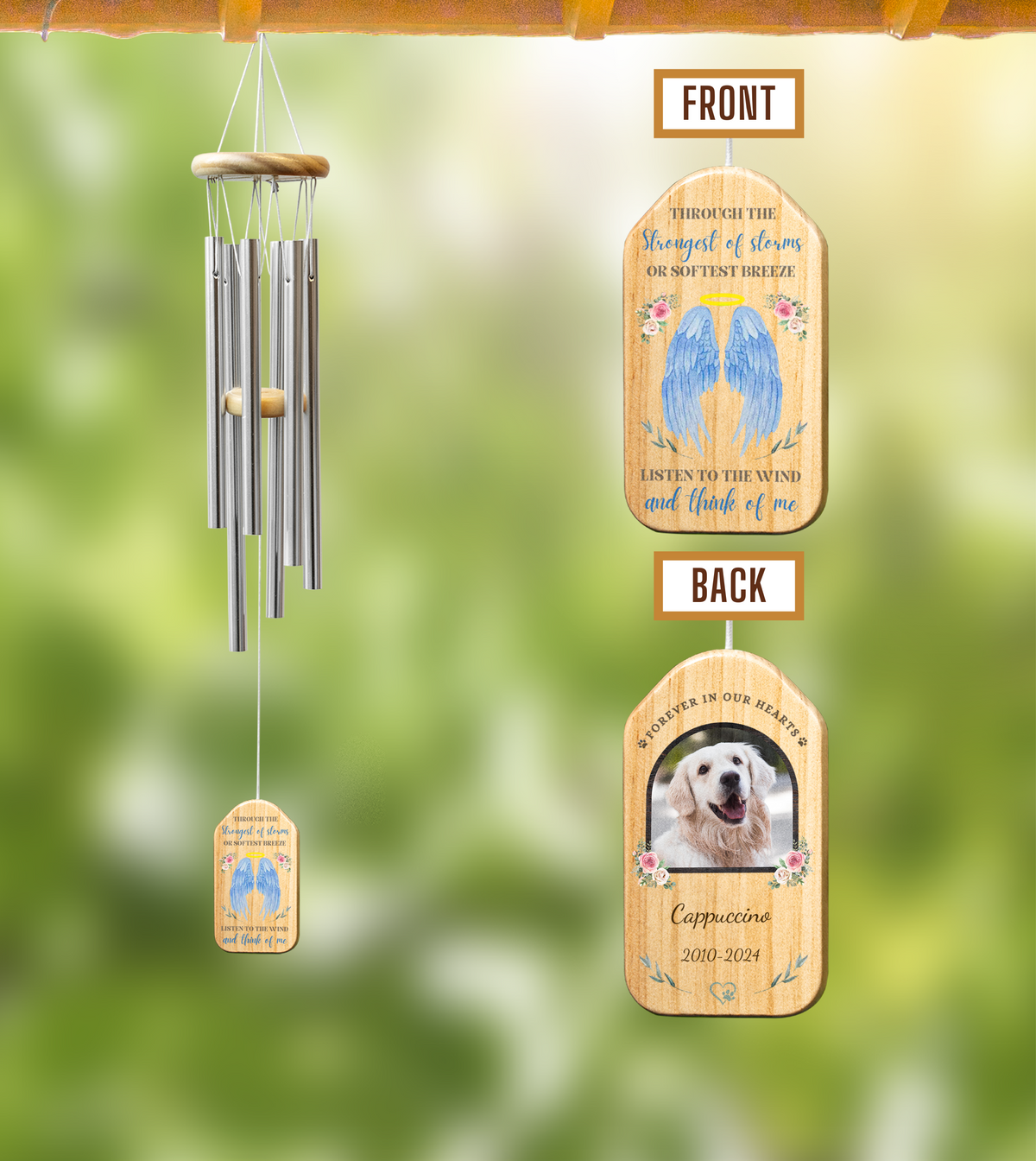 Starry Prints offers a personalized pet memorial wind chime featuring a custom photo of your beloved pet on metal and wood. This thoughtful and meaningful pet remembrance gift can help honor and cherish the memory of your furry friend. Available now with the option to upload your pet's photo for a truly personalized touch