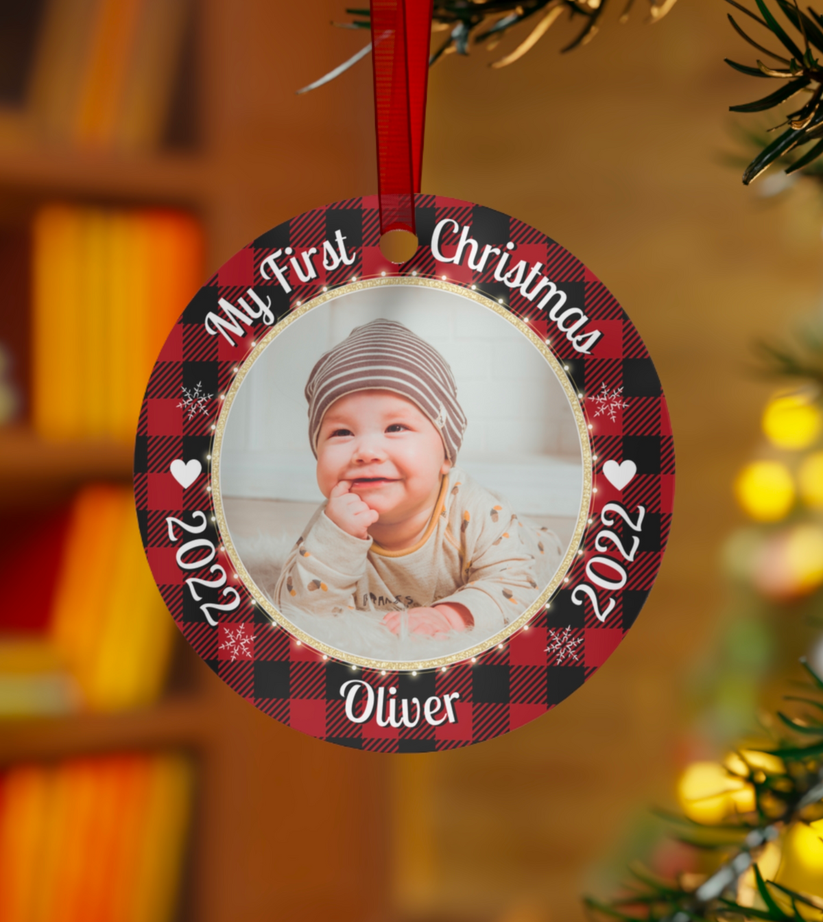 Baby's First Christmas 2022 - Upload Photo Personalized Circle Metal Ornament For New Born Baby - Christmas Gift