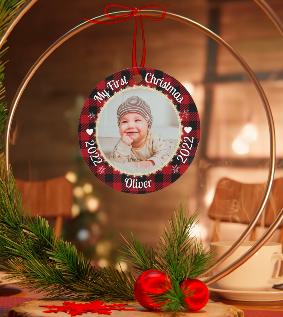 Baby's First Christmas 2022 - Upload Photo Personalized Circle Metal Ornament For New Born Baby - Christmas Gift