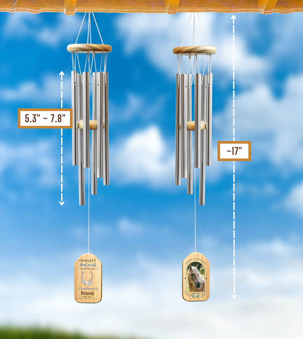 Personalized horse memorial wind chime with custom photo, featuring a watercolor horseshoe on the front with the quote 'You left hoof prints in my heart, in loving memory of Horse Name and Years', and a custom photo of the horse on the back. The wind chime has a rustic wooden color and makes a perfect pet remembrance gift.