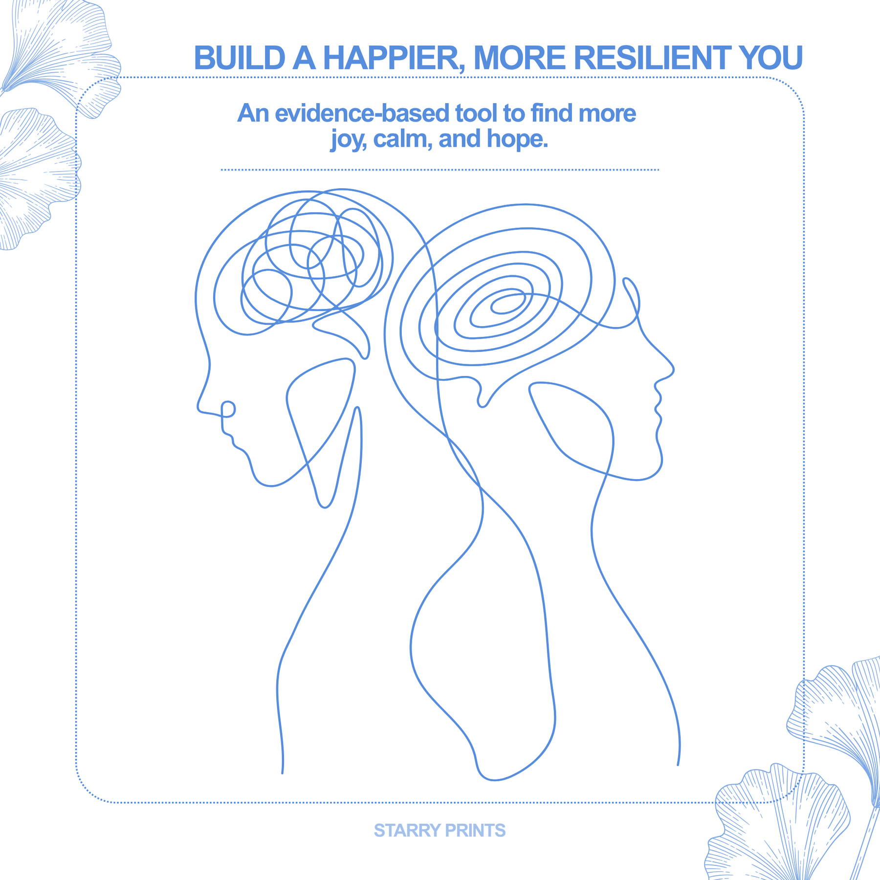 Outline of two human heads with swirling patterns, text about building a happier, more resilient you, and branding information.