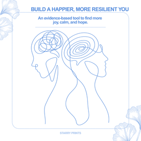 Outline of two human heads with swirling patterns, text about building a happier, more resilient you, and branding information.