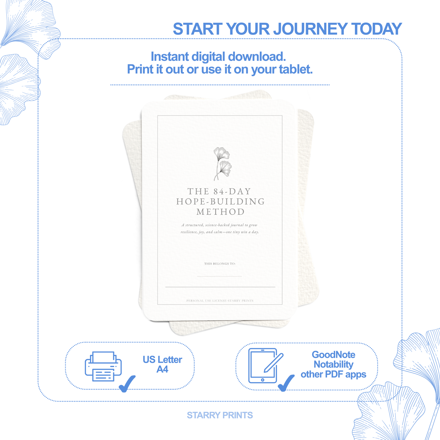 Digital download flyer for 'The 84-Day Hope-Building Method' with printing and digital options.