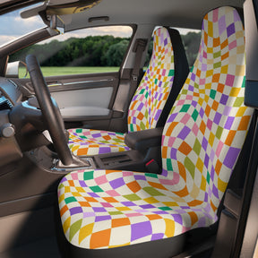 Colorful Checkered Boho Car Seat Covers Set, Aesthetic y2k Car Seat Cover, Good Vibes Groovy cute car Accessories, Cute car decorations