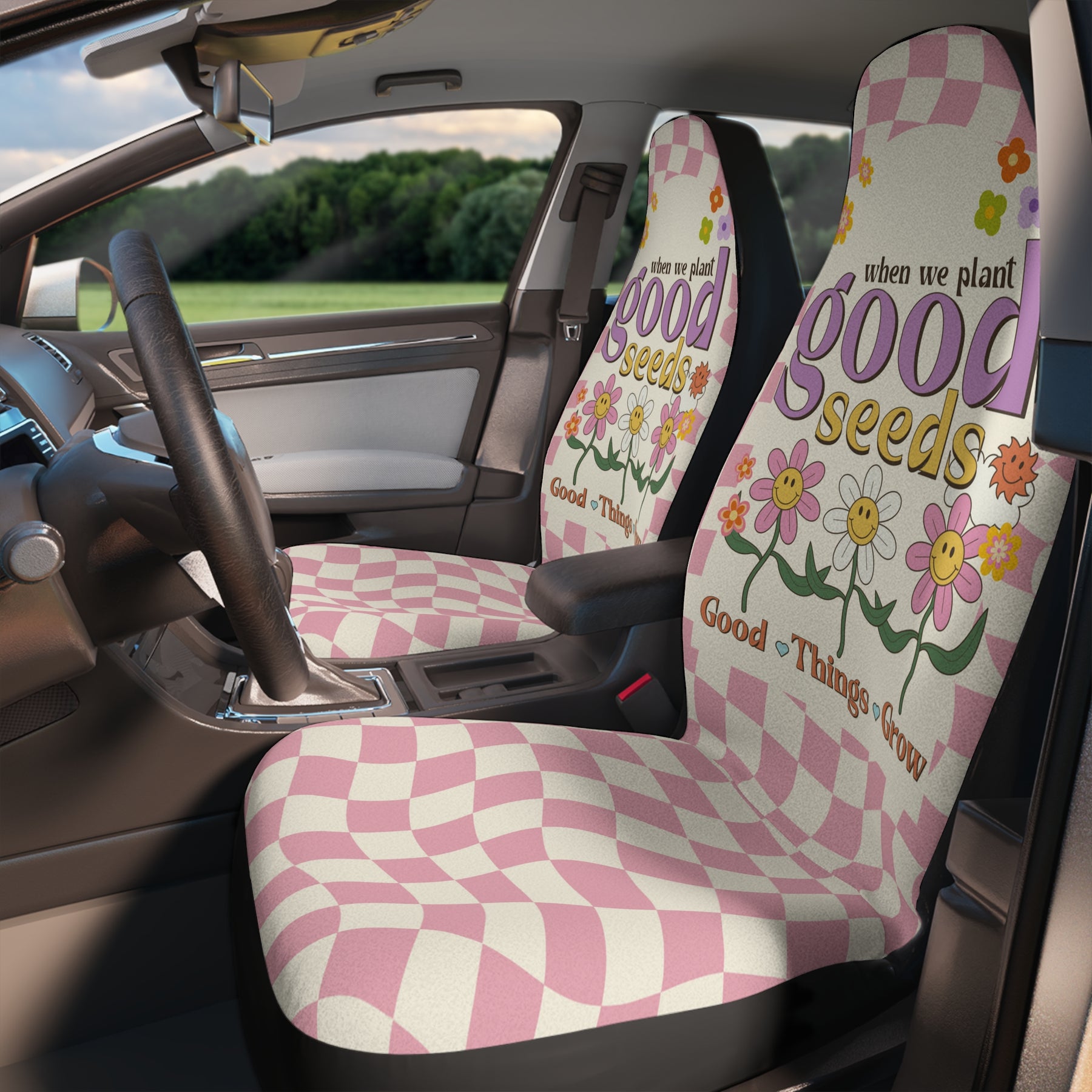 Good Vibes Pink Boho Car Seat Covers Set of 2, Aesthetic Y2K Groovy Floral Car Seat,New Car Gift,Y2K Retro Vintage car accessory for women
