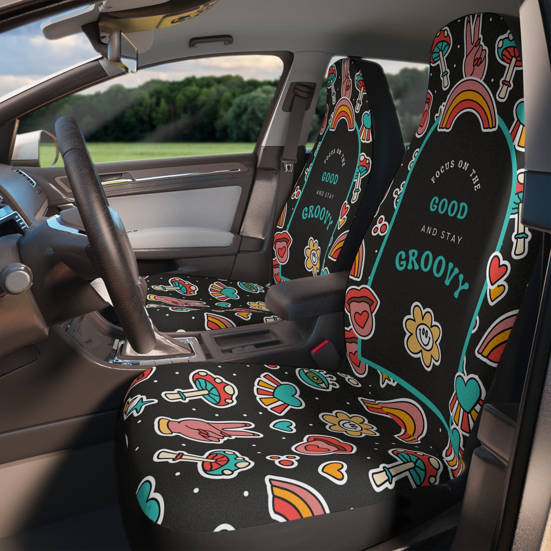Good Vibes Hippie Car Seat Covers Set of 2, Groovy Y2K Floral Car Seat, Gift for new driver,Y2K Retro Vintage car accessories,Funky Vehicle