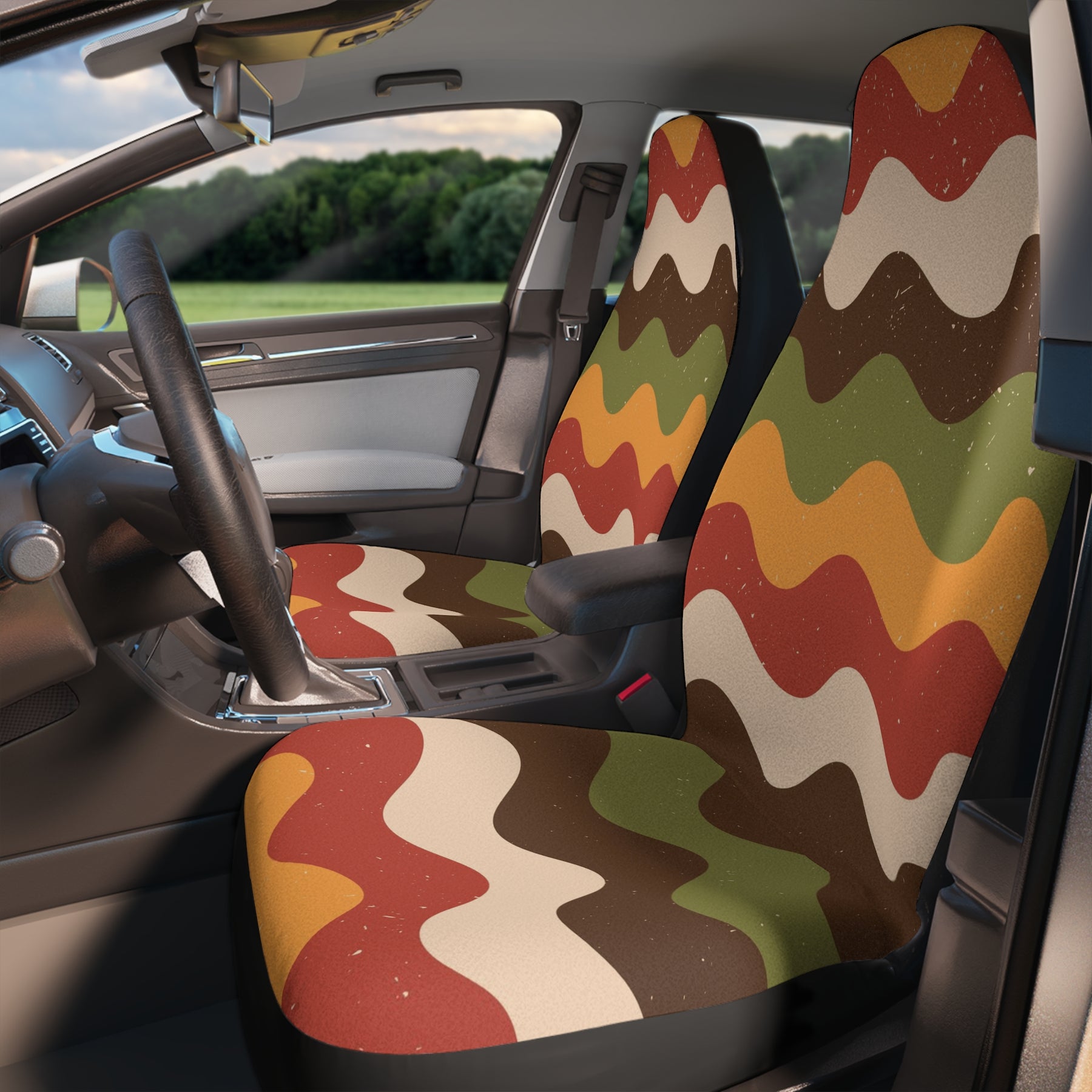 Retro Groovy Waves Boho Car Seat Covers Set, Aesthetic Car Seat Cover, Y2k Car Accessories, Good vibes cute car seat decoration