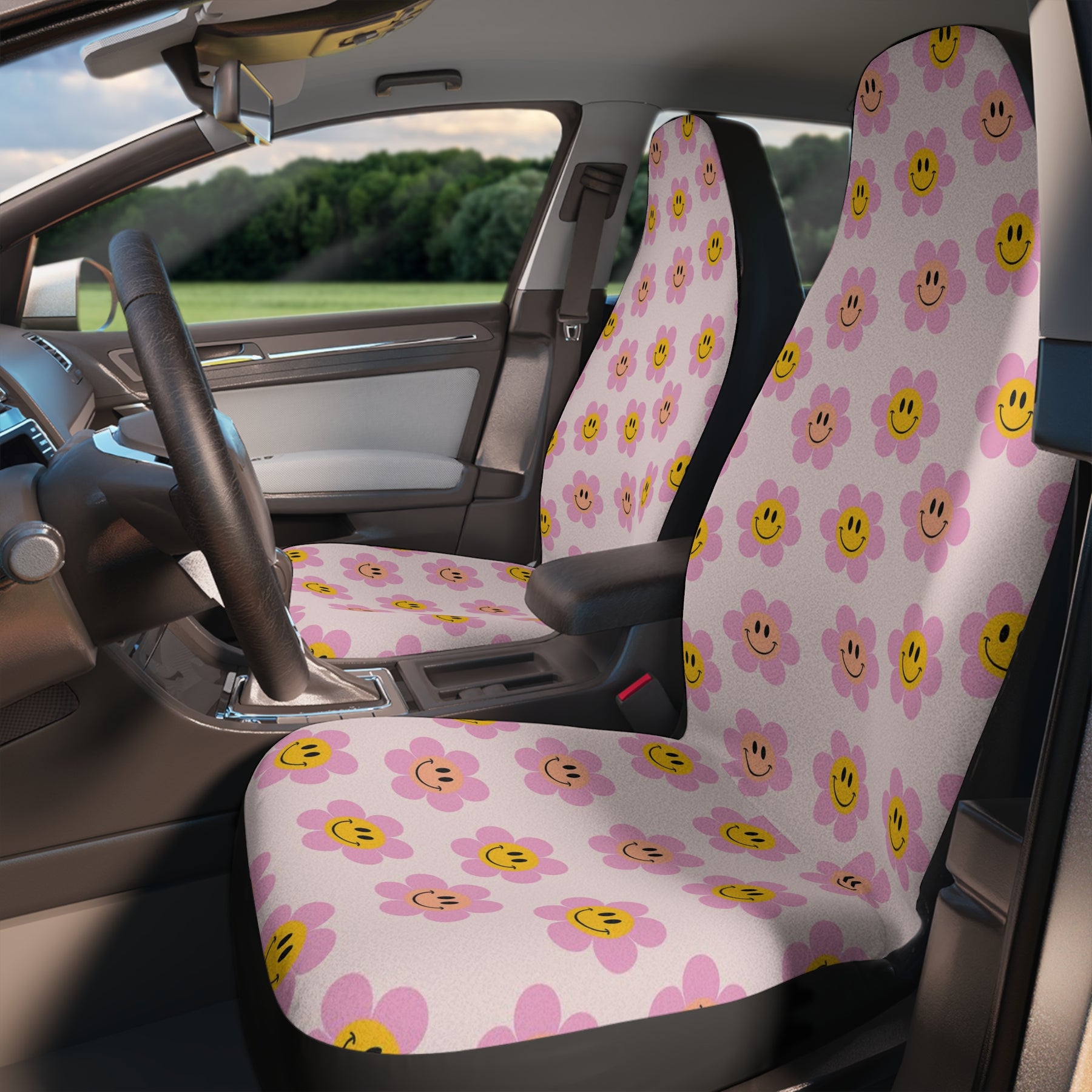 Pink Groovy Flower Smiley Face Car Seat Covers Set, Y2K Retro Car Seat Covers, Funky Girly Car Decor, Textured Car Accessories for Women
