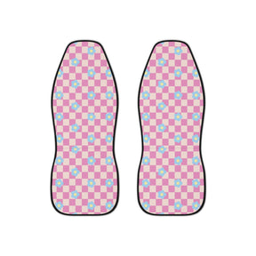 Pink Checkered Boho Car Seat Covers Set, Aesthetic y2k flower Car Seat Cover, Good Vibes Groovy cute car Accessories,Cute y2k car decoration