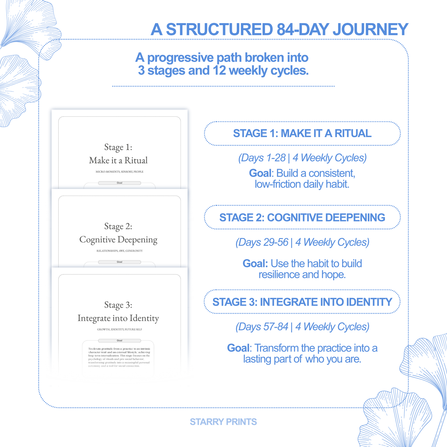 A structured 84-day journey: Stage 1 Make it a Ritual, Stage 2 Cognitive Deepening, Stage 3 Integrate into Identity.