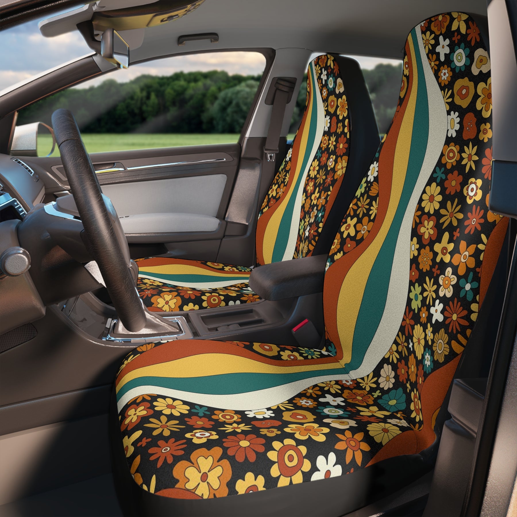 Boho Rainbow Car Seat Covers Set of 2, Aesthetic Y2K Groovy Floral Car Seat Cover, Gift for new driver,Y2K Retro car seat protector cover